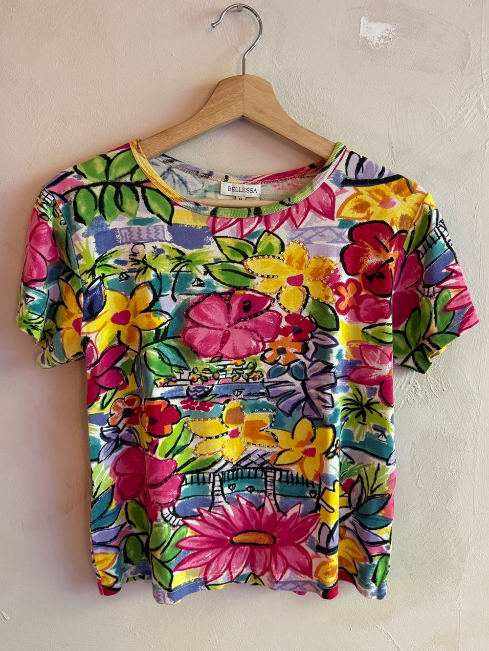 Vintage Bellessa | Y2K Tropical Floral Sequin Beaded Tee | 100% Cotton M